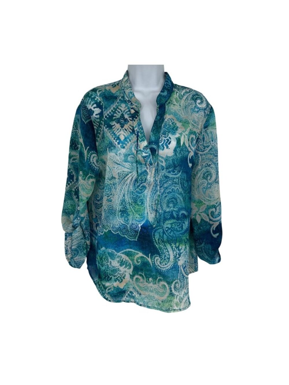 Chicos Paisley Print Long Roll Tab Sleeve Lightweight Women's Blouse Size 2 US L